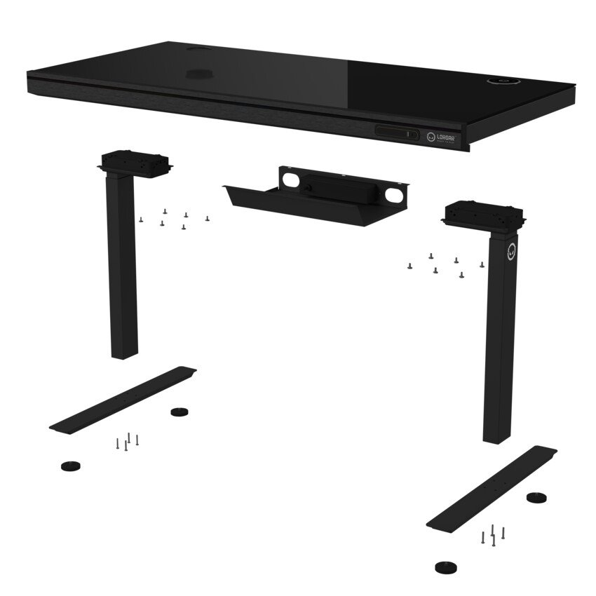 LORGAR stůl s nastavitelnou výškou, bezdrátovou nabíječkou, RGB osvětlením a USB porty, tvrzené sklo, černý