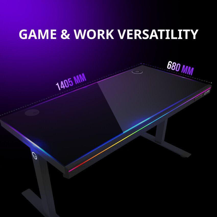 LORGAR stůl s nastavitelnou výškou, bezdrátovou nabíječkou, RGB osvětlením a USB porty, tvrzené sklo, černý