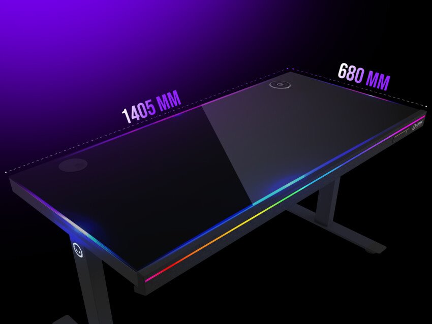 LORGAR stůl s nastavitelnou výškou, bezdrátovou nabíječkou, RGB osvětlením a USB porty, tvrzené sklo, černý