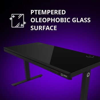 LORGAR stůl s nastavitelnou výškou, bezdrátovou nabíječkou, RGB osvětlením a USB porty, tvrzené sklo, černý