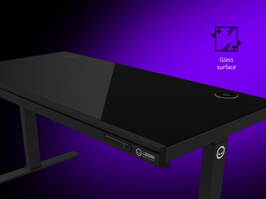 LORGAR stůl s nastavitelnou výškou, bezdrátovou nabíječkou, RGB osvětlením a USB porty, tvrzené sklo, černý