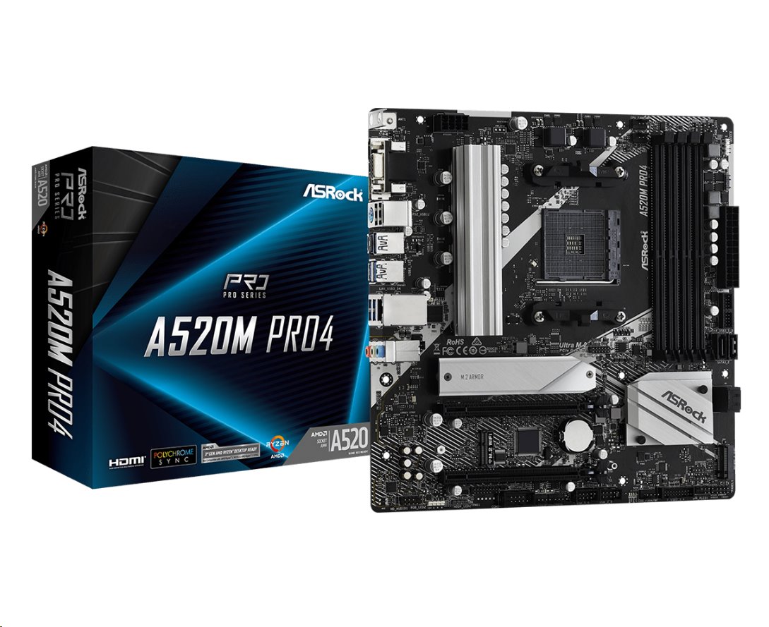 MB Asrock A520M PRO4 /AM4/4xDDR4/M.2/HDMI/DVI-D/D-Sub/mATX