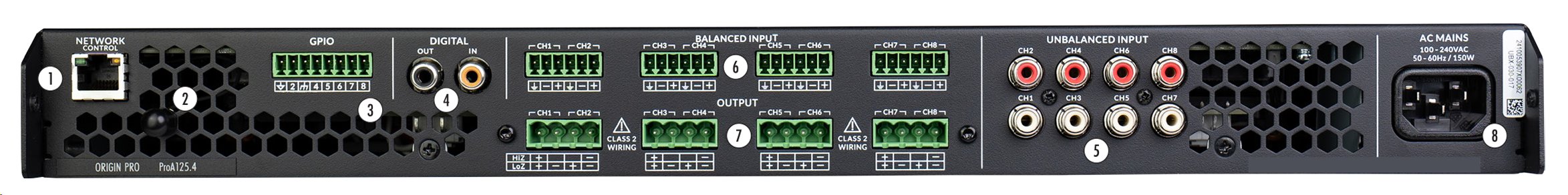 ORIGIN - Zesilovač ProA125.4 / DSP / 8-kanálový / 8x 60W nebo 4x 125W Hi-Z / 1U full-rack