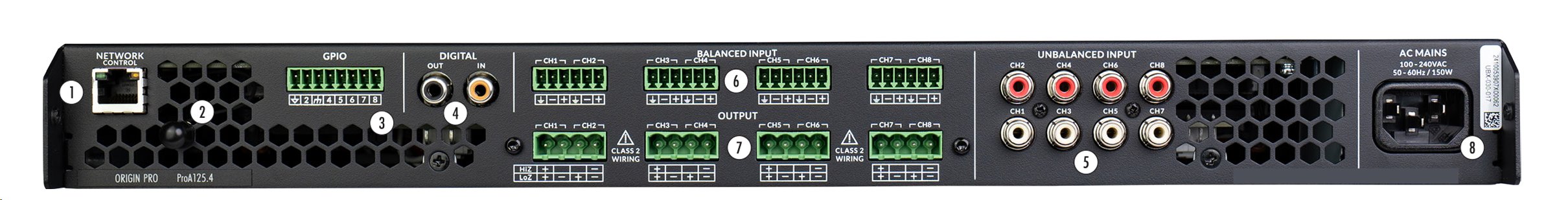 ORIGIN - Zesilovač ProA250.4 / DSP / 8-kanálový / 8x 125W nebo 4x 250W Hi-Z / 1U full-rack