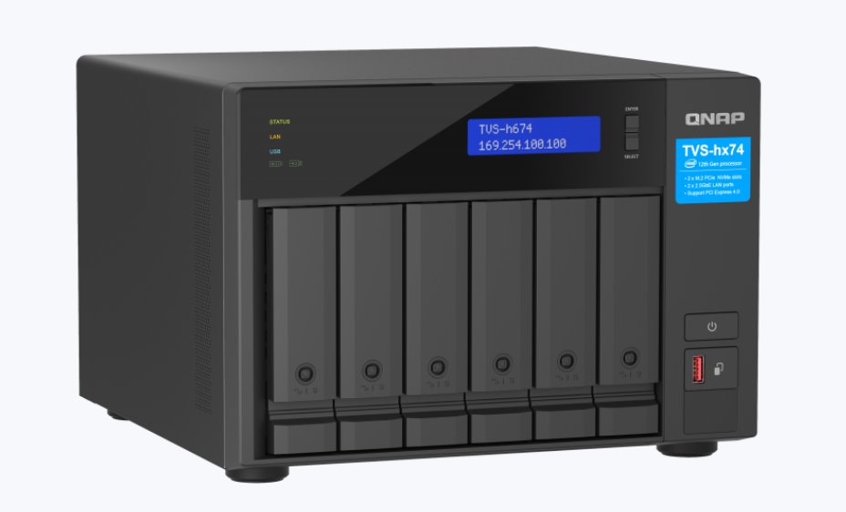 QNAP 6-bay TVS-h674-i3-16G (Core i3 4,3GHz, 16GB DDR4, 6x 3,5", 2x M.2 PCIe Gen4, 2x 2,5GbE)