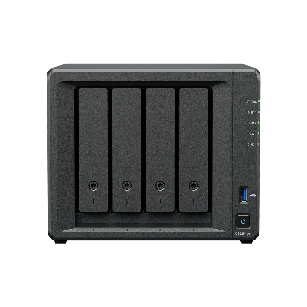 Synology DiskStation DS925neo+, 4-bay NAS, CPU DC AMD Ryzen V1500B 64bit, RAM 4GB non ECC, 2x USB3.2, USB-C, 2x 2.5G LAN