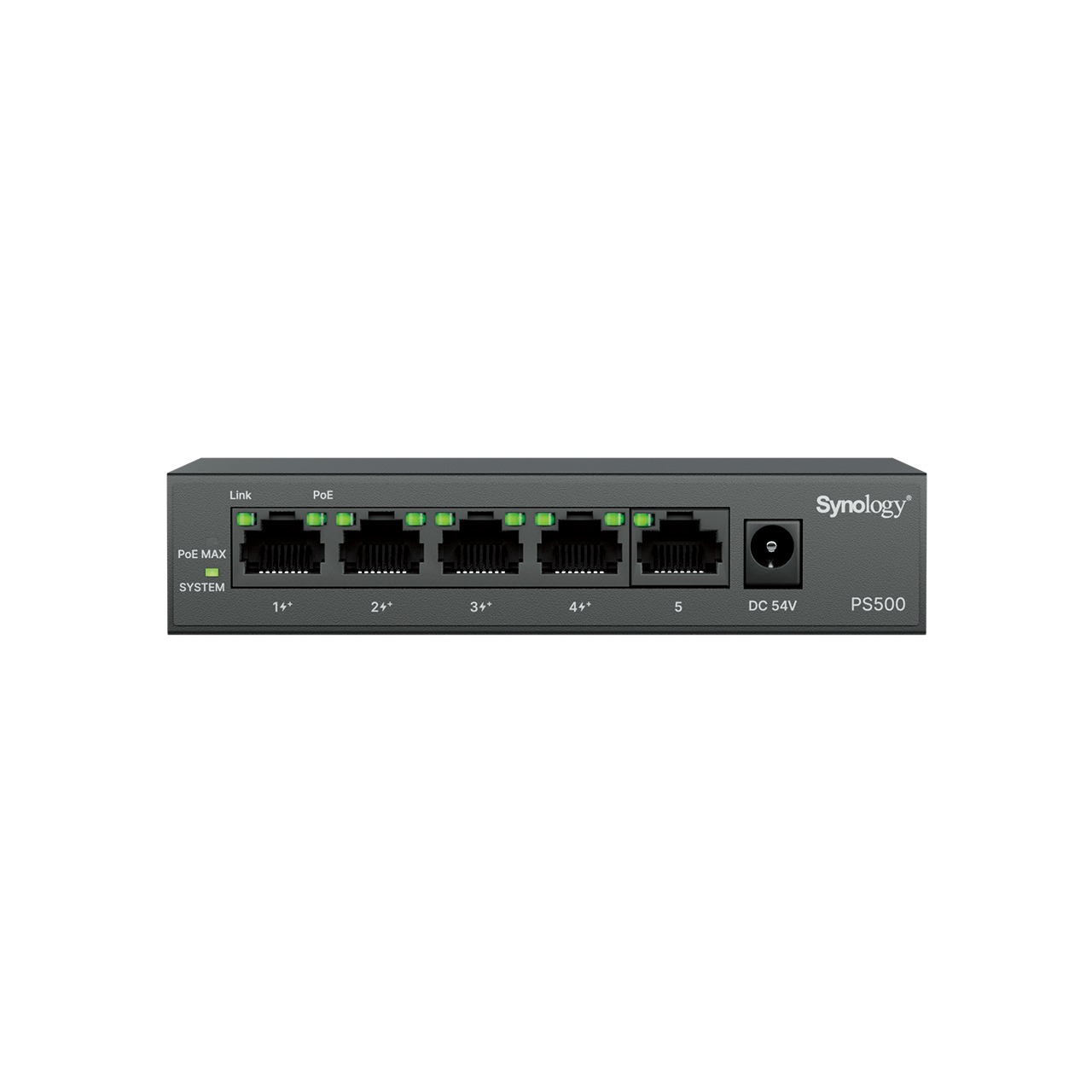 Synology PS500 switch - 5x 1Gb RJ-45 port, 4x PoE+ port, power budget 60W, bez ventilátoru