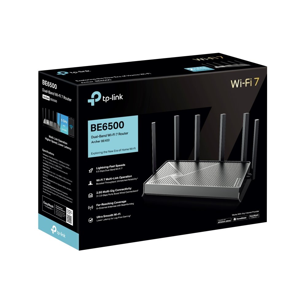 TP-link Archer BE400 Dual-Band Wi-Fi 7 Router BE6500, 6 int., 2x2.5G, 3x1G, 1×USB-A 3.0