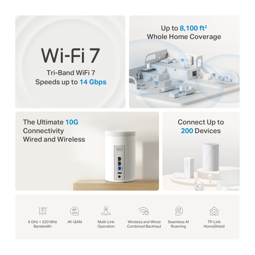 TP-link Deco BE68 Tri-Band Wi-Fi 7 Mesh System BE14000, 8 int., 1x10G, 1x2.5G, 1x1G, 1×USB-A 3.0, 2ks