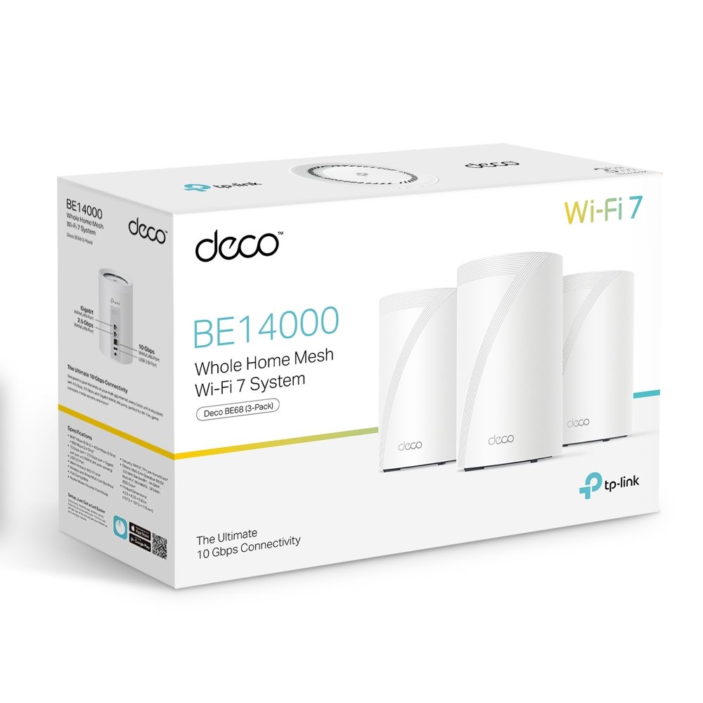 TP-link Deco BE68 Tri-Band Wi-Fi 7 Mesh System BE14000, 8 int., 1x10G, 1x2.5G, 1x1G, 1×USB-A 3.0, 3ks