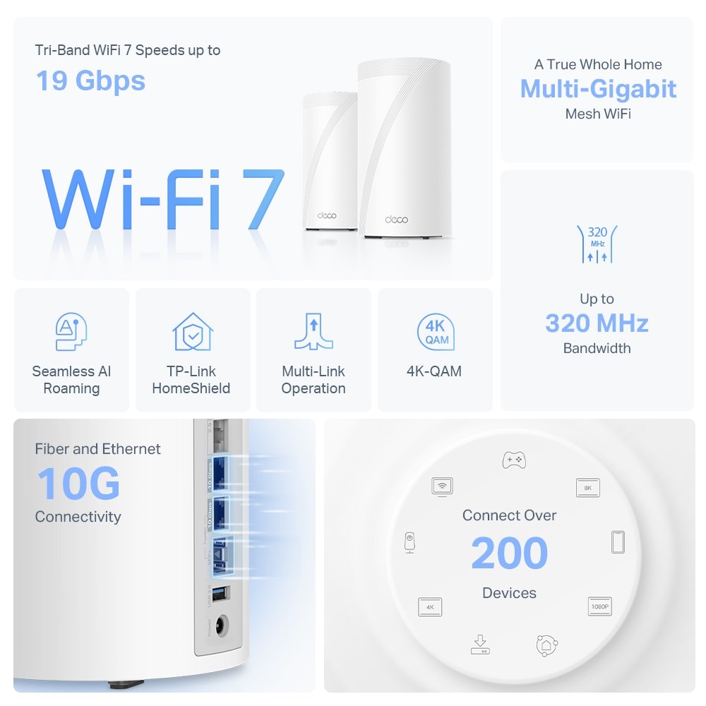 TP-link Deco BE85 Tri-Band Wi-Fi 7 Mesh System BE19000, 8 int., 1x10G, 2x2.5G, 1xSFP+/RJ45 Combo, 1×USB-A 3.0, 1ks