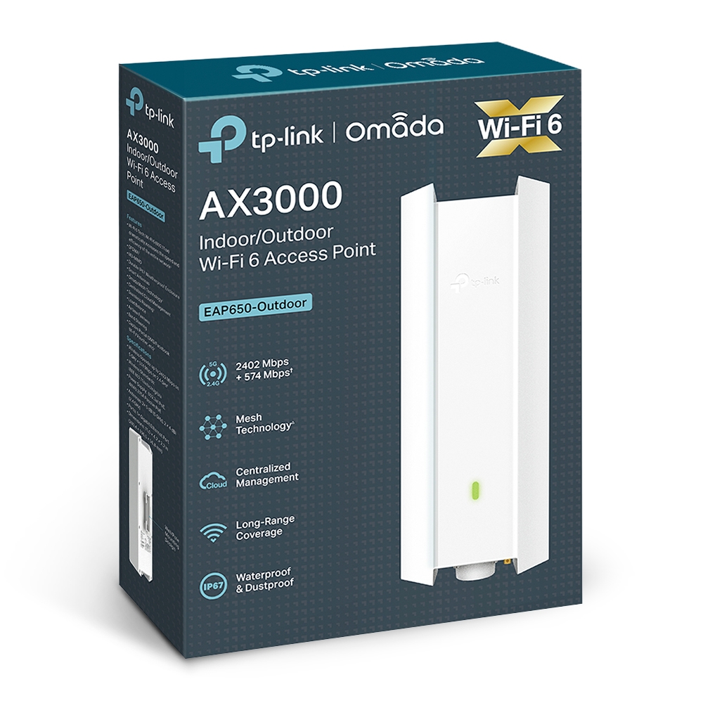 TP-link EAP650-Outdoor Dual-Band AP Wi-Fi 6 AX3000, 1x1G, int. antény, PoE+, Omada SDN, venkovní