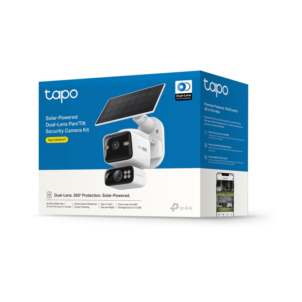 TP-link Tapo C645D KIT Bezpečnostní otočná kamera s naklápěním a dvěma objektivy + solární panel, 3Mpx
