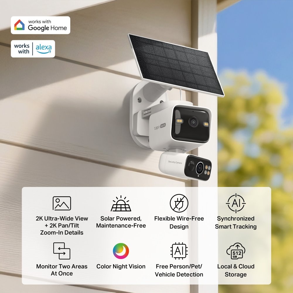 TP-link Tapo C645D KIT Bezpečnostní otočná kamera s naklápěním a dvěma objektivy + solární panel, 3Mpx