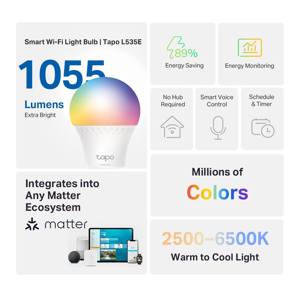 TP-link Tapo L535E, Chytrá Wi-Fi LED žárovka barevná, 2500-6500K, E27