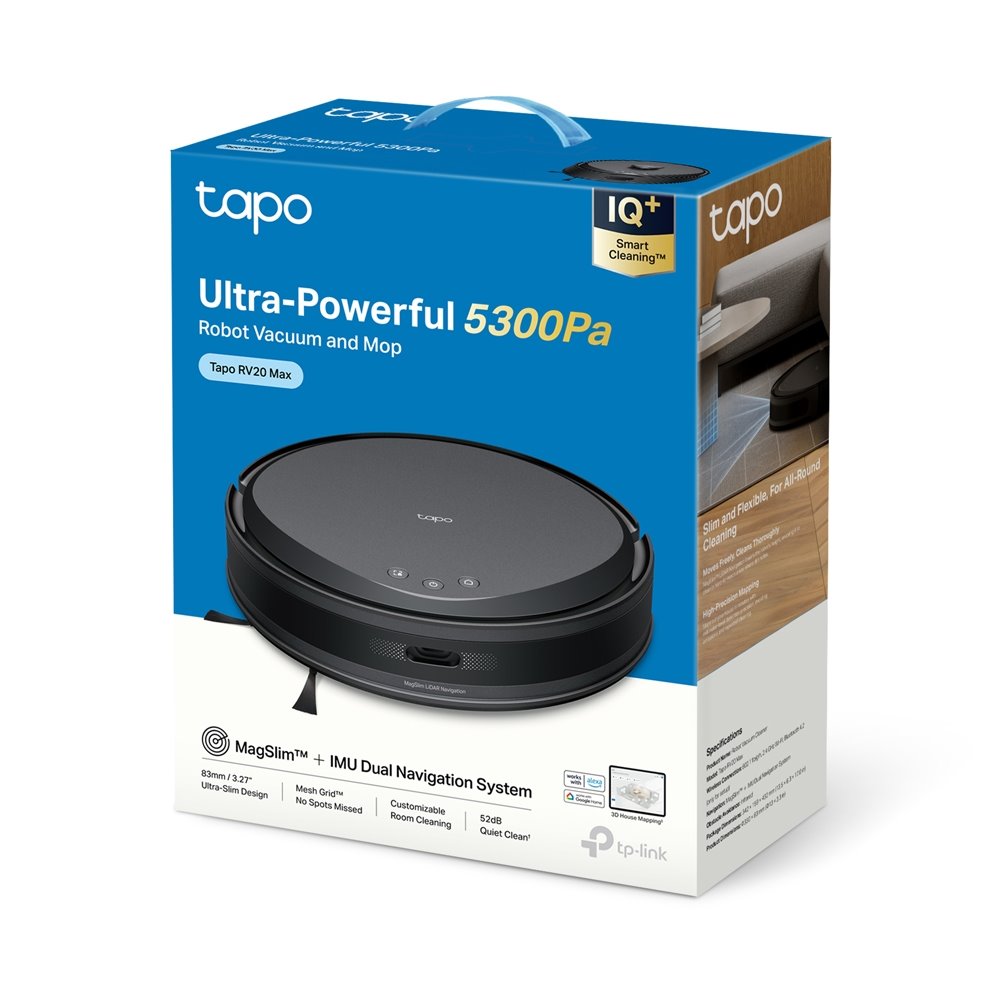 TP-link Tapo RV20 Max robotický vysavač a mop, 5300Pa, MagSlim LiDAR, ultra tenký profil 8,3 cm
