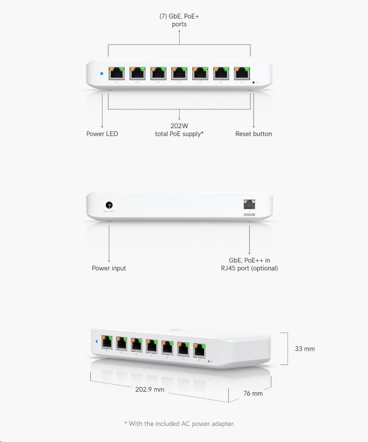 Ubiquiti Switch L2 UniFi USW-Ultra, 8-Port Gigabit, 7x PoE+-out, 1x PoE++ in, PoE budget 202W, s AC adaptérem