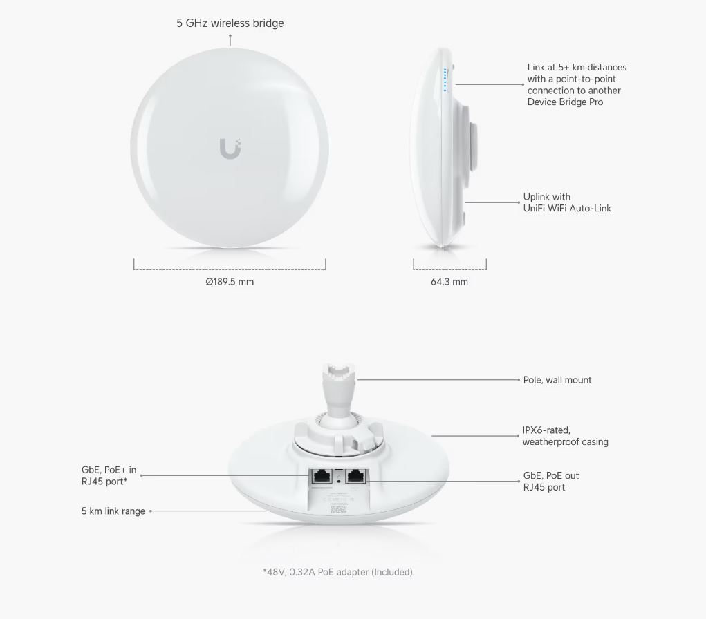 Ubiquiti UniFi Device Bridge Pro (UDB-Pro), bezdrátový bridge s PoE Out, 5 GHz, rychlost 867 Mb, 2x LAN 1Gb, WiFi, PoE