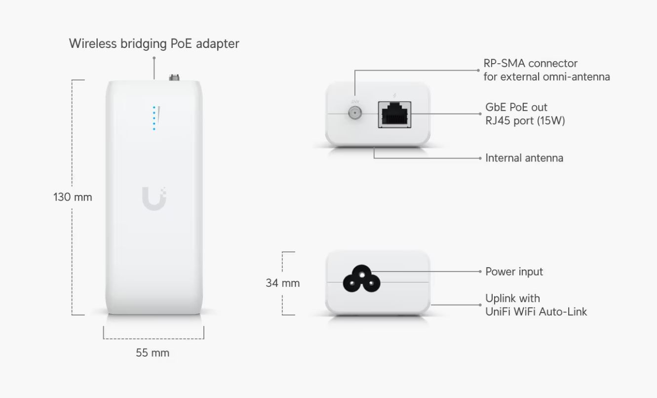 Ubiquiti UniFi Device Bridge (UDB), bezdrátový bridge s PoE Out, 5 GHz, rychlost 867 Mb, LAN 1Gb, WiFi, PoE