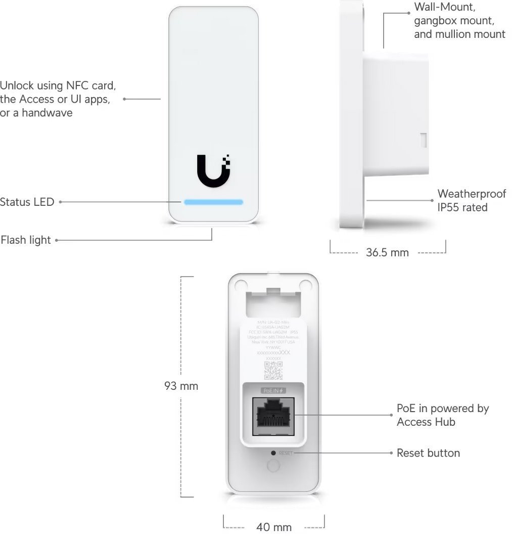 Ubiquiti UniFi Přístupová čtečka karet G2, NFC, PoE, IP55 rezistance, černá