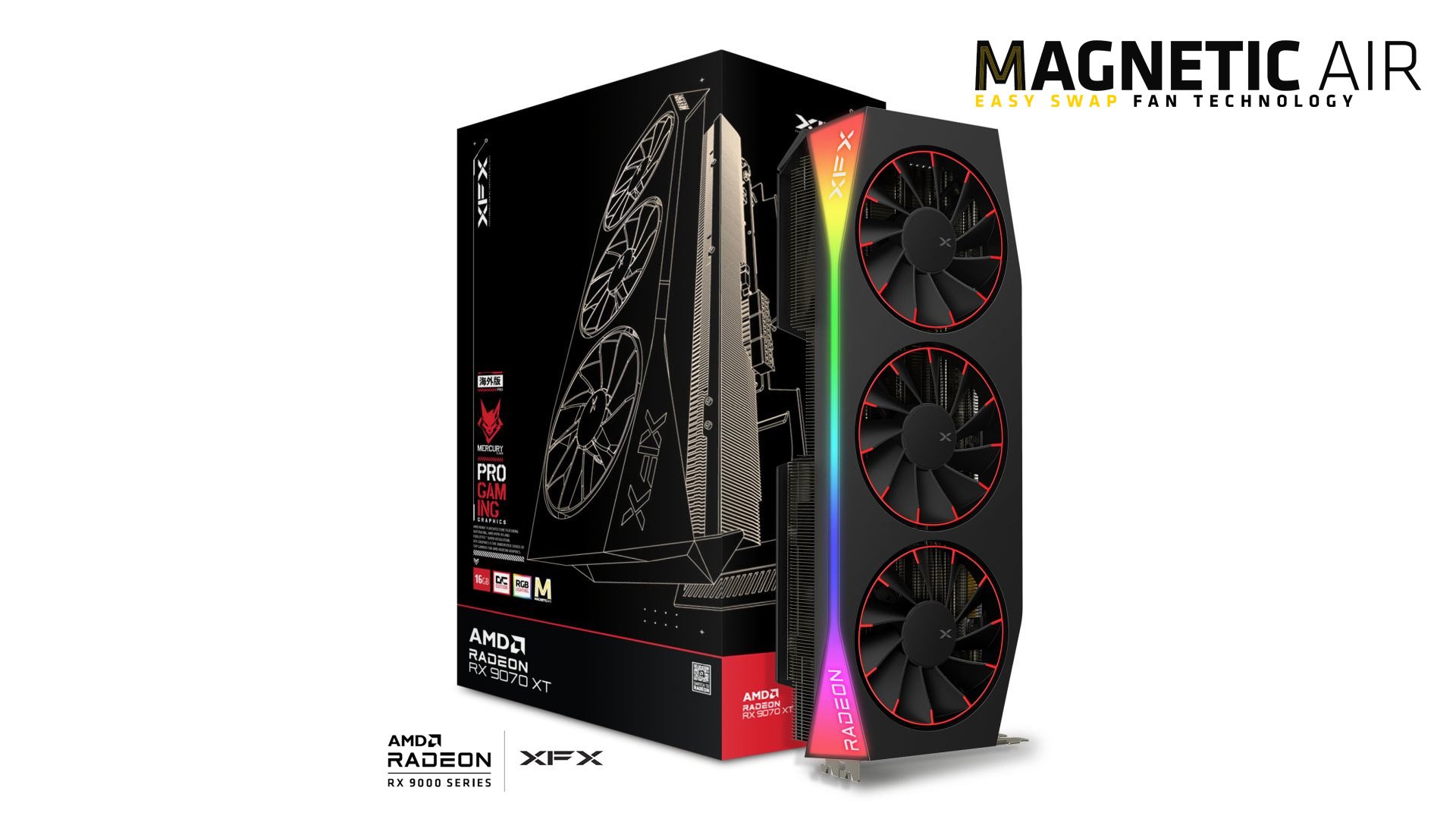 VGA XFX Mercury AMD Radeon RX 9070 XT OC 16GB GDDR6, Magnetic Air Edition RGB
