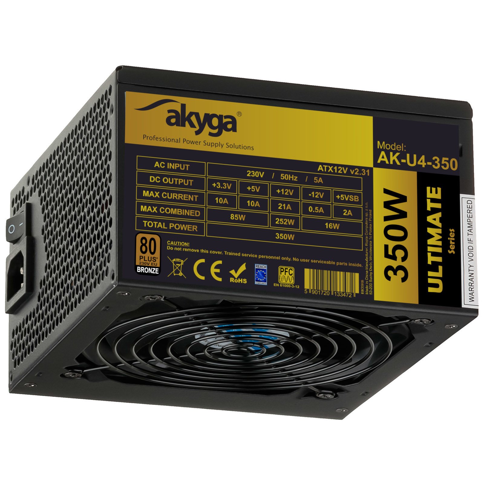 Akyga PC zdroj 350W Ultimate Series modulární 80+ Bronze 120mm ventilátor