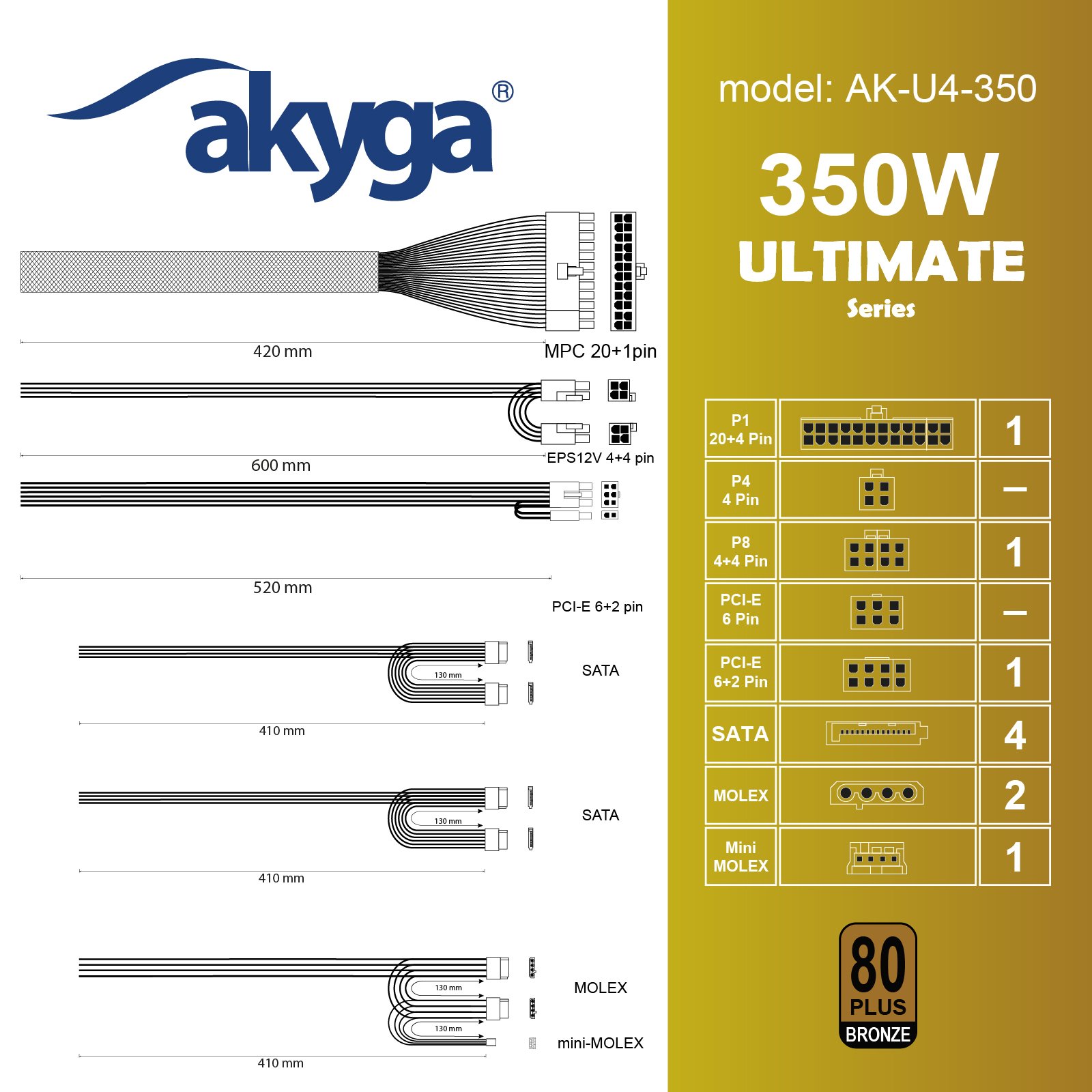 Akyga PC zdroj 350W Ultimate Series modulární 80+ Bronze 120mm ventilátor