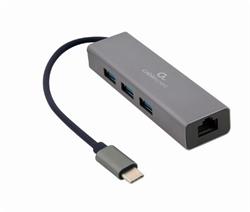 Gembird adaptér USB-C (M) na Gigabit LAN (F) + 3x USB 3.1 hub