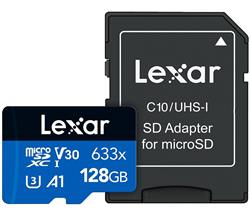 Lexar paměťová karta 128GB High-Performance 633x microSDXC™ UHS-I (čtení/zápis:100/45MB/s) C10 A1 V30 U + adaptér