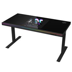 LORGAR stůl s volitelnou výškou, vestavěnou skříní pro PC, bezdrátovou nabíječkou, RGB a USB porty, tvrzené sklo