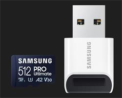 Samsung paměťová karta 512GB PRO Ultimate CL10 Micro SDXC Grade 3 (č/z: až 200/130MBs) + USB Adaptér