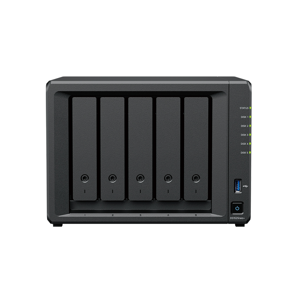 Synology DiskStation DS1525neo+, 5-bay NAS, CPU QC AMD Ryzen V1500B 64bit, RAM 4GB non ECC,2x USB3.2,LAN 4x2.5Gb,2x NVMe