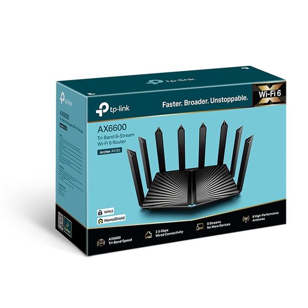 TP-LINK "AX6600 Tri-Band Wi-Fi 6 RouterSPEED: 574 Mbps at 2.4 GHz + 1201 Mbps at 5 GHz_1 + 4804 Mbps at 5 GHz_2SPEC: 8